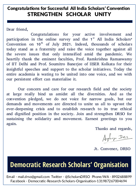 ScholarsDRSO's tweet photo. Letter of congratulation for making the 1st All India Scholars' Convention by a great success. Hope it takes #scholar_unity and movement to a new level in India.
Join and strengthen #DRSO. https://t.co/J0hwiiJCNa