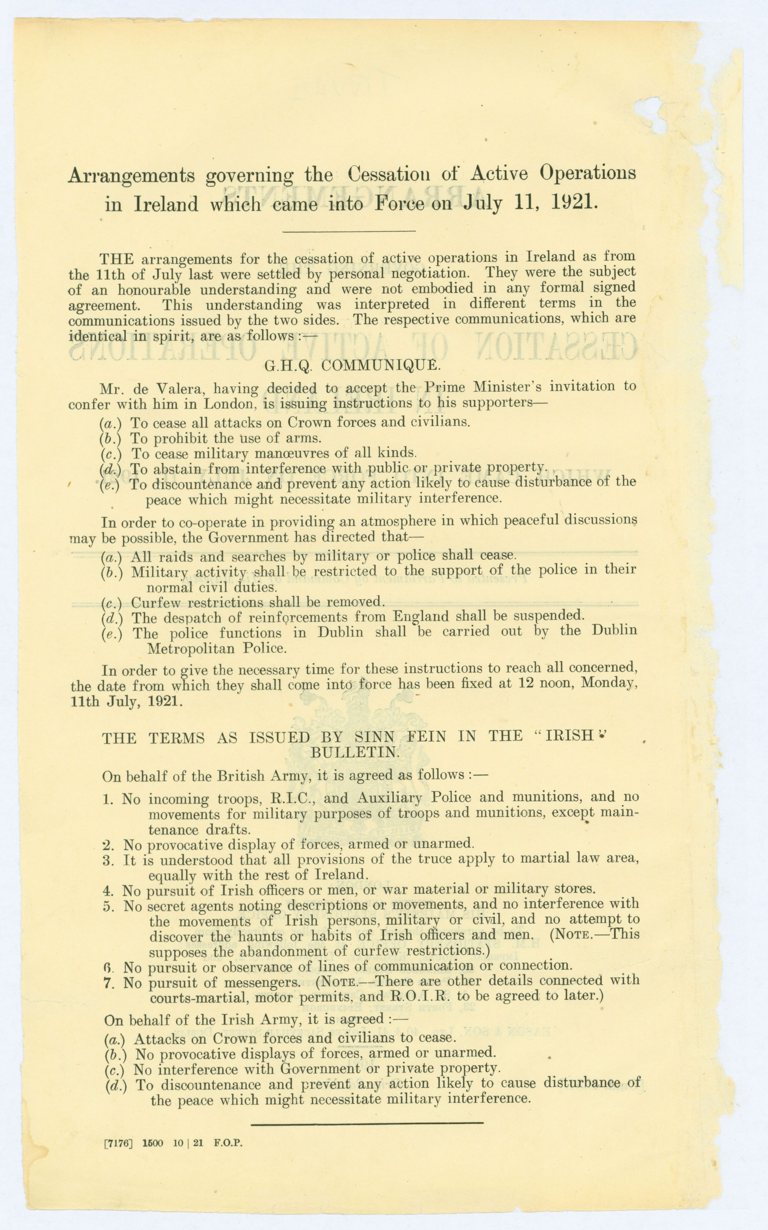 Published copy of truce terms put before the British Parliament 11 July 1921, NAI ref: DE/2/302/256-257