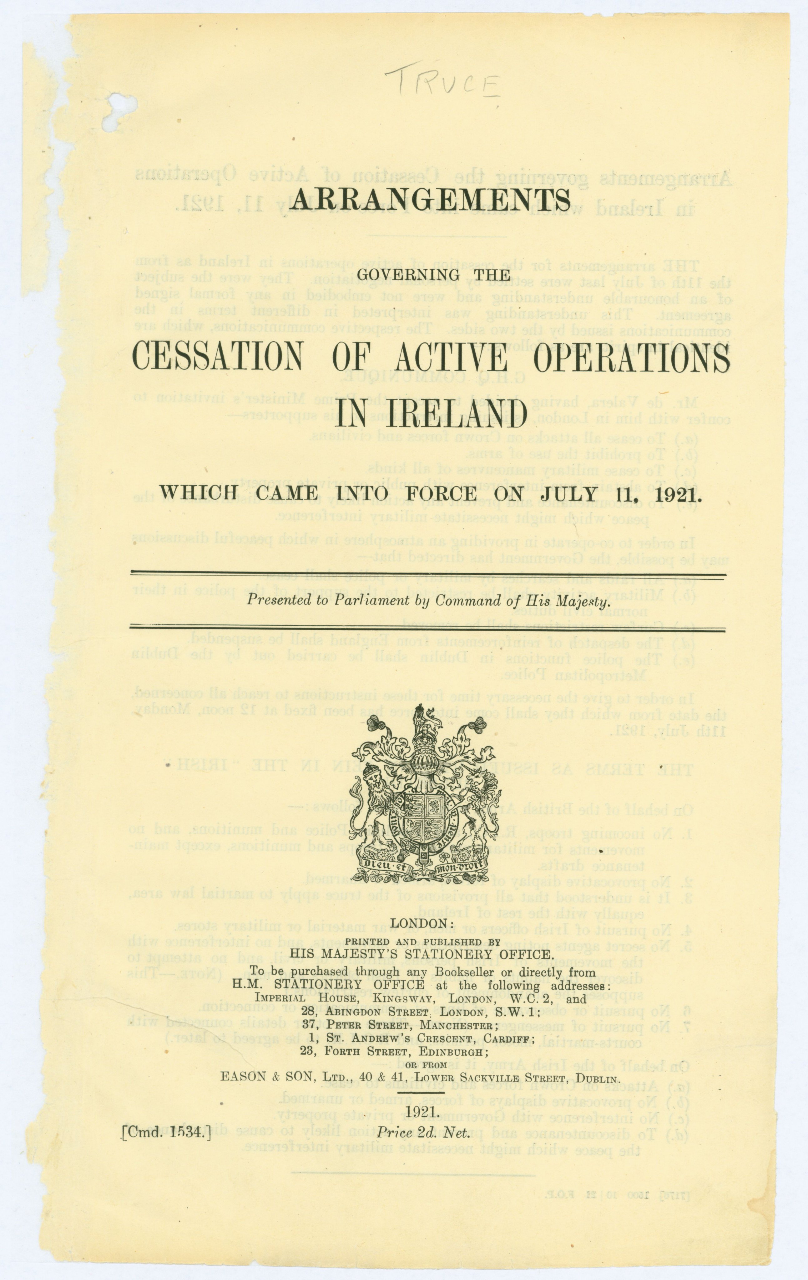 Published copy of truce terms put before the British Parliament 11 July 1921, NAI ref: DE/2/302/256-257