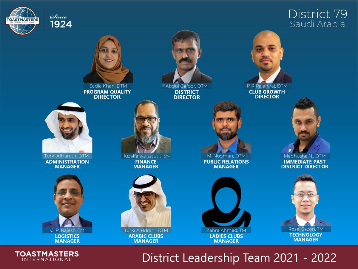 Dear D79 Members,
Let us welcome our District Leadership Team for Program Year 2021-2022.
#ToastmastersInternational #District79