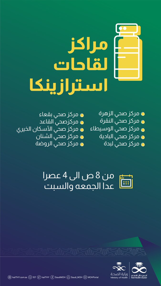 hailthy's tweet photo. مراكز لقاحات استرازينيكا 
.
#تجمع_حائل_الصحي https://t.co/Vh1Wzpfiry