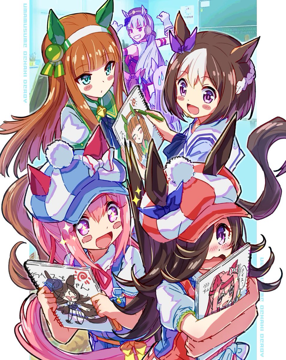 gold ship (umamusume) ,haru urara (umamusume) ,rice shower (umamusume) ,silence suzuka (umamusume) multiple girls tail animal ears horse ears horse tail horse girl tracen school uniform  illustration images