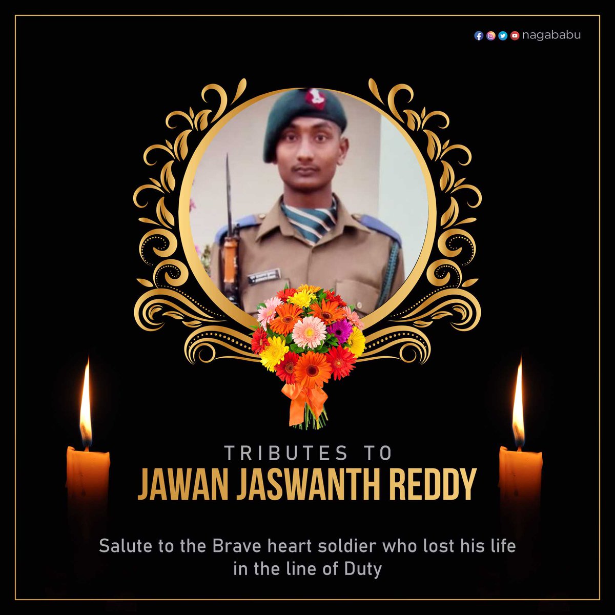 NagaBabuOffl's tweet photo. The Demise of the Young BraveHeart Soldier is a loss for the Nation.

Thanks to Your Services towards nation
&amp; Supreme Sacrifice for protecting the Mother land.

#RIP #jaswanthreddy https://t.co/fnQXpf5XPE