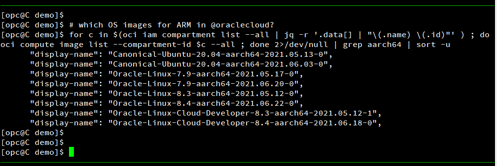 FranckPachot's tweet photo. # which OS images for #arm in @oraclecloud?
for c in $(oci iam compartment list --all | jq -r '.data[] | "\(.name) \(.id)"' ) ; do oci compute image list --compartment-id $c --all ; done 2>/dev/null | grep aarch64 | sort -u
#Ampere https://t.co/TbD8EjBf00