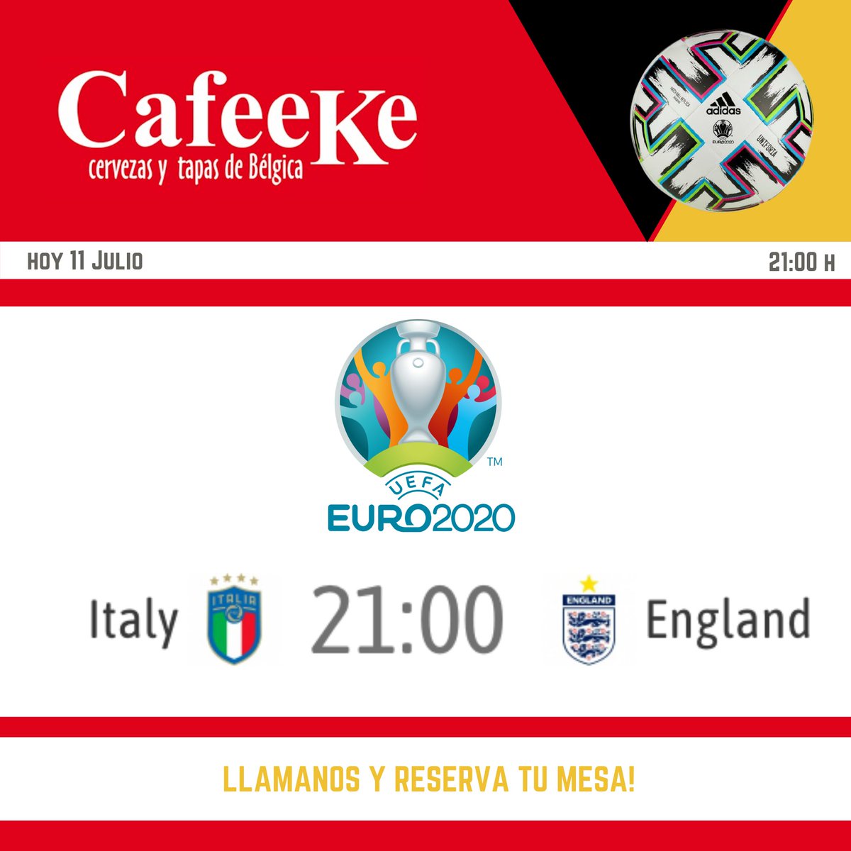 Hola futboleros!!
Como todos sabéis hoy se juega la final de la Eurocopa en Cafeeke!  
Os esperamos para este partidazo entre Italia e Inglaterra. Que gane el mejor!!
Llámanos para reservar tu mesa!
Un abrazo a todos!!