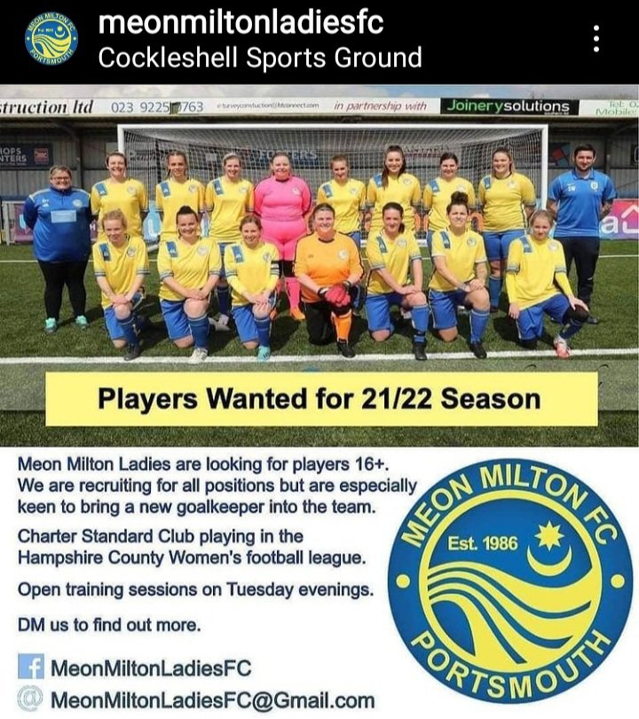 ⚽️ Players Wanted ⚽️
    <a href="/MeonMiltonLFC/">Meon Milton Ladies FC</a> 

Come join the fun at <a href="/ClubCockleshell/">Cockleshell Community Sports Club</a> 👍

<a href="/CountyWomens/">Hampshire County Womens Football League</a> <a href="/hantswomans/">Hants Womens Footie</a>

Contact - MeonMiltonLadiesFC@Gmail.com