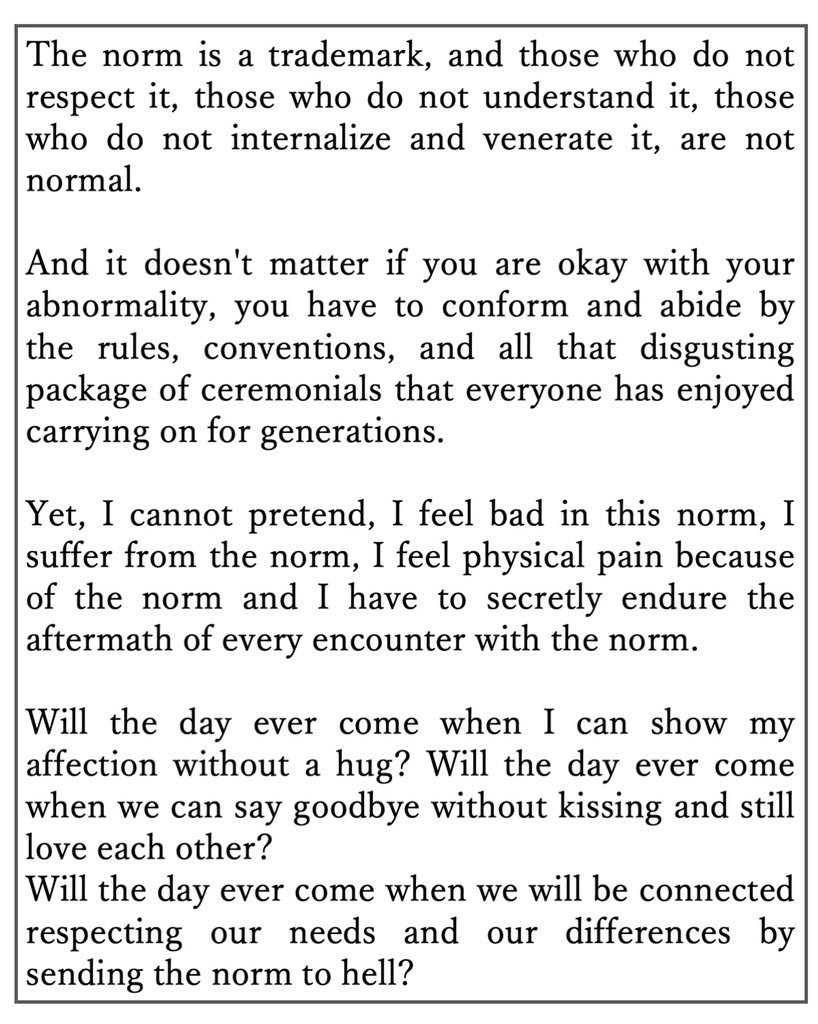 AutieIn's tweet image. What is “normal”? And does it count more than respect? #autism #ActuallyAutistic #Awareness #acceptance #writing #polite #MentalHealthAwareness #Respect #hug #autisticadults