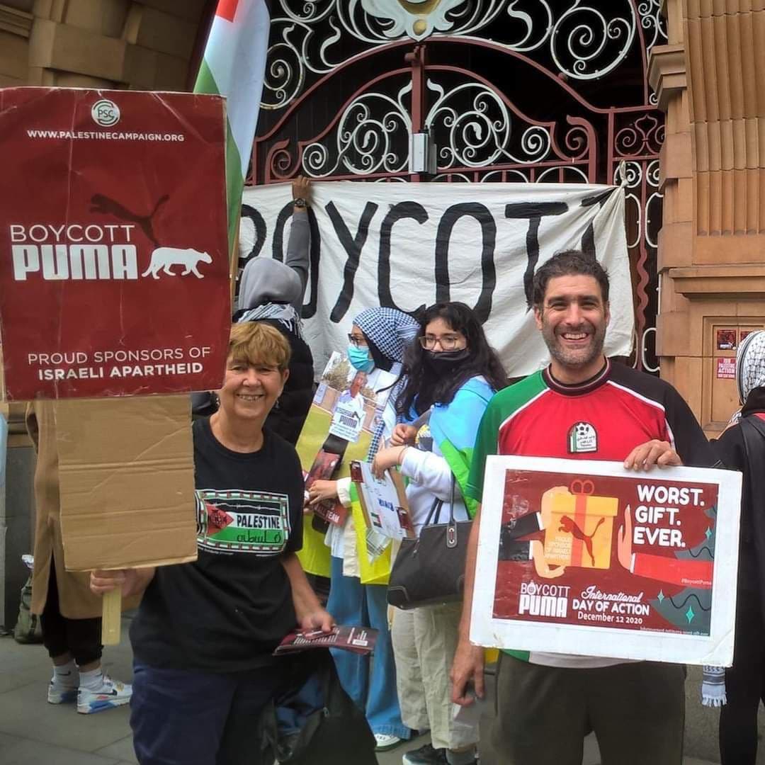tweet2palestine's tweet image. A protest was held yesterday outside Puma’s Manchester offices, calling for a global boycott of Puma until they end their sponsorship of the Israeli Football Association (IFA).

#EndApartheid
#SupportBDS