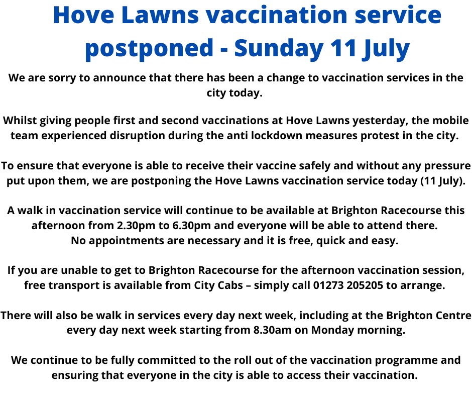 We won't be at Hove Lawns today but we ARE running another walk-in vaccination clinic 2:30-6:30 at the Brighton Racecourse. We're looking forward to welcoming you there this afternoon! #GrabAJab #GrabAJab