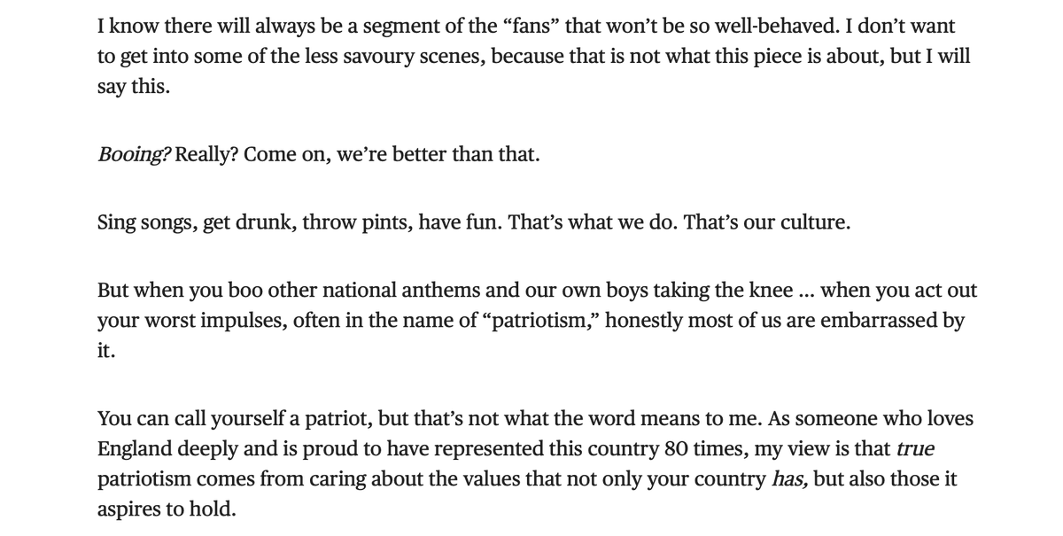 This from @GaryLineker is awesome. Patriotism isn't about blind love for the land inside man-made borders you happened to be born in. It's wanting your country to be better. Booing Rashford is the opposite of patriotism.