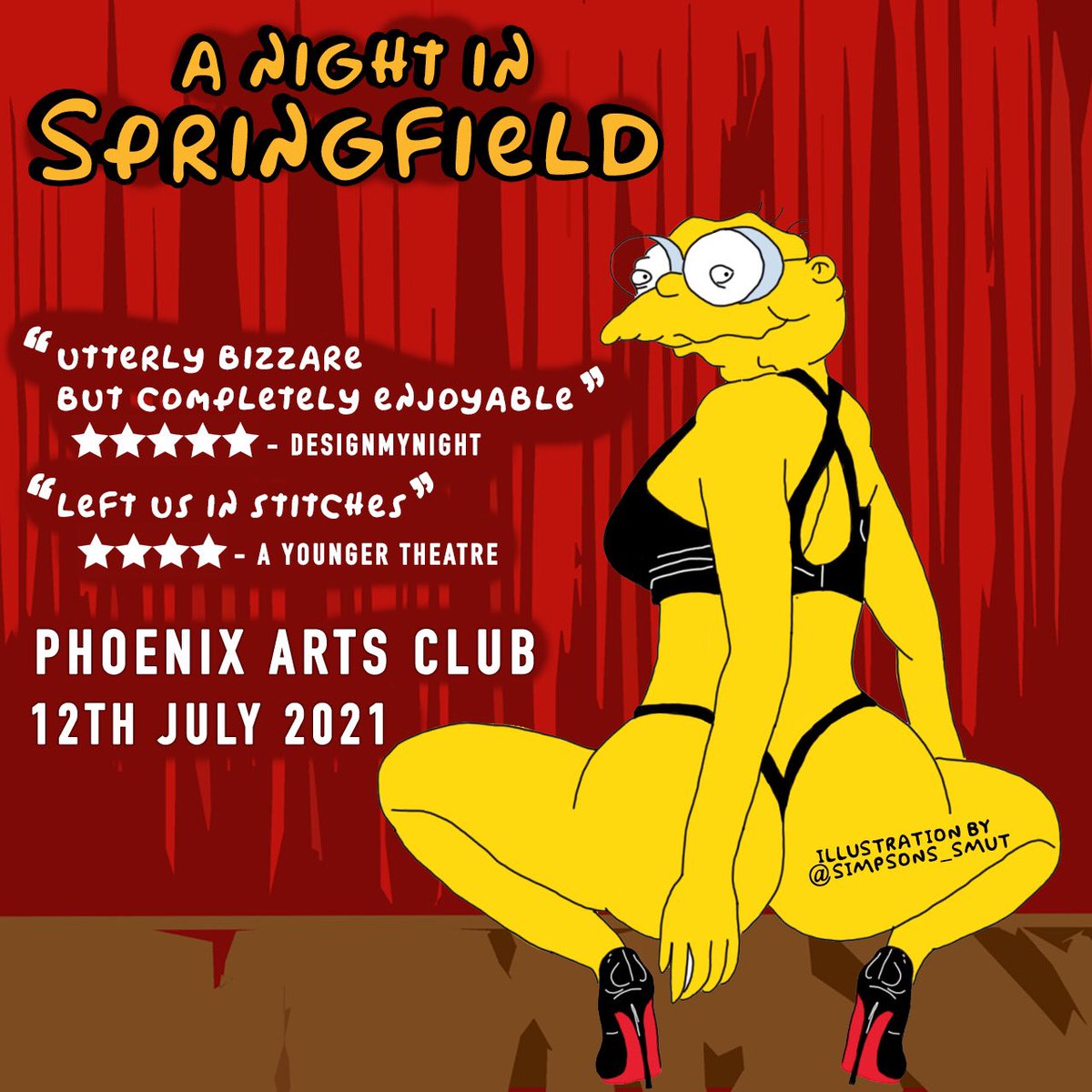 CarrotDrag's tweet photo. Last chance to get tickets to tomorrow’s ‘A Night in Springfield’ at @phoenixartsclub 💛 

There will be absolutely no mention of the f word at this show. Whatever the result is, come and escape into the surreal, bizarre and hilarious world of queer Simpsons-themed drag… https://t.co/4M4HSpTrb0