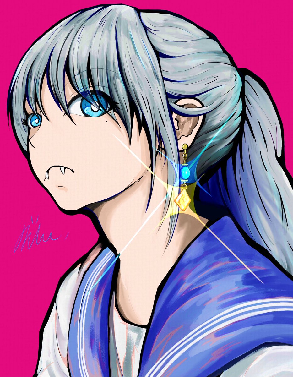 1girl solo jewelry earrings blue eyes ponytail fang  illustration images