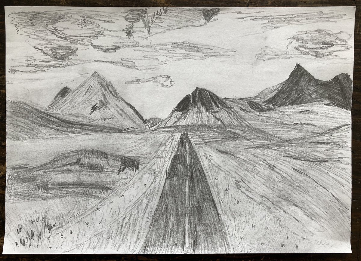 Dotty_Designs_'s tweet photo. Was having a bit of a stressful day the other day so took a little time out to do some drawing. This quick drawing was inspired by a photo from our recent trip to Skye. #pencildrawing #landscape #drawing #isleofskye #mountains #mindfulactivity https://t.co/zxylO2b0VI