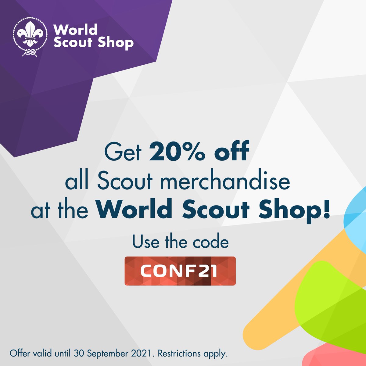 World Scout Conference (@scoutconf) on Twitter photo Good news from <a href="/WorldScoutShops/">World Scout Shops</a>! โ๏ธ๐ As a special offer for the events, you can now use code CONF21 to get 20% off all products (except sale items) until 30 Sept:
๐ทworldscoutshops.com
*May only be used once per participant & not in conjunction with other offers. #Scouts Good news from <a href="/WorldScoutShops/">World Scout Shops</a>! โ๏ธ๐ As a special offer for the events, you can now use code CONF21 to get 20% off all products (except sale items) until 30 Sept:
๐ทworldscoutshops.com
*May only be used once per participant & not in conjunction with other offers. #Scouts