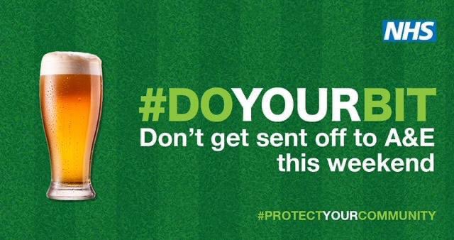 nhsuhcw's tweet photo. We’re keeping our fingers crossed for an #England win in today’s #euro2020 final. 

However or wherever you are watching the game, please be sensible and careful, especially if drinking alcohol, to help reduce pressure on our Emergency Department and the wider NHS. #doyourbit https://t.co/gPG5GcBqto