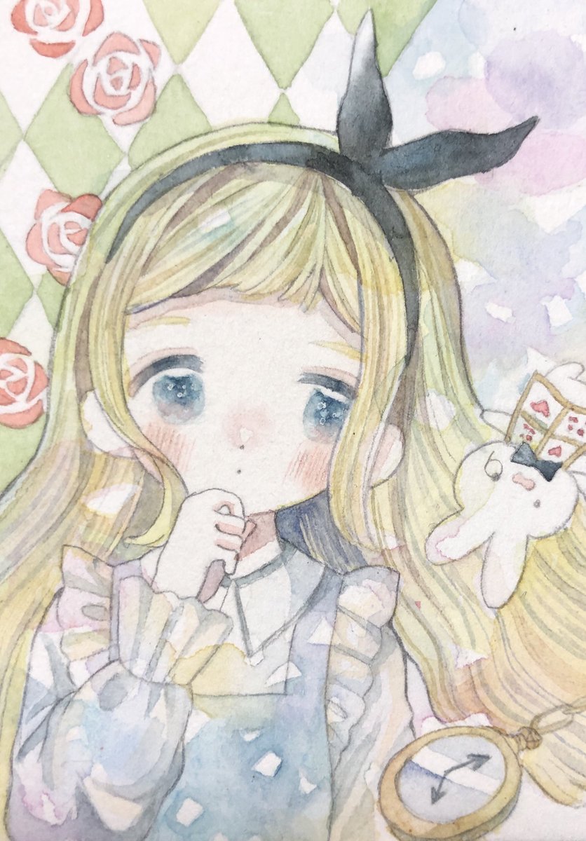 alice (alice in wonderland) 1girl blonde hair long hair painting (medium) watch watercolor (medium) traditional media  illustration images