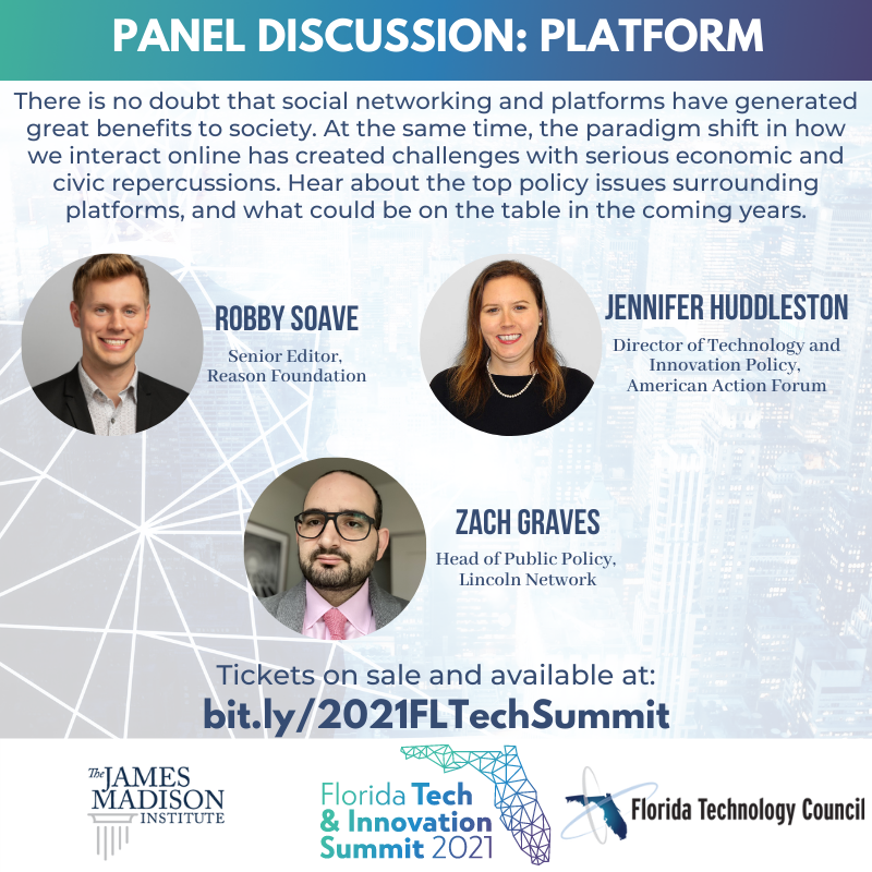 JmsMadisonInst's tweet photo. T-minus three days until #JMITechSummit2021
Our Platform Panel includes @robbysoave, @jrhuddles, and @ZacharyGraves
To hear the top policy issues surrounding platforms, and what could be upcoming in the future, attend the 2021 Tech and in Tampa!
#flapol
https://t.co/KZn5cfvaqD https://t.co/pmyNnHlZAT