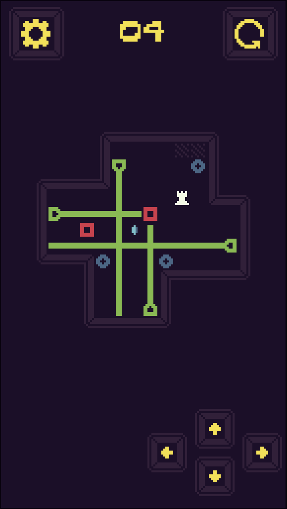 Screenshot of Brixa, an android puzzle game. 1 characters and a number of coloured blocks surrounded by lasers.