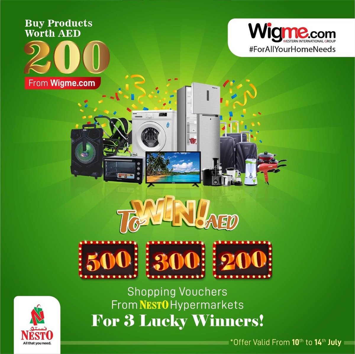 There is an Exciting offer coming in WIGME.com starting from today till 14th July 2021, “ BUY PRODUCTS WORTH 200 AED from WIGME.com and get 500, 300 &amp; 200 AED NESTO Vouchers for 3 LUCKY Winners!