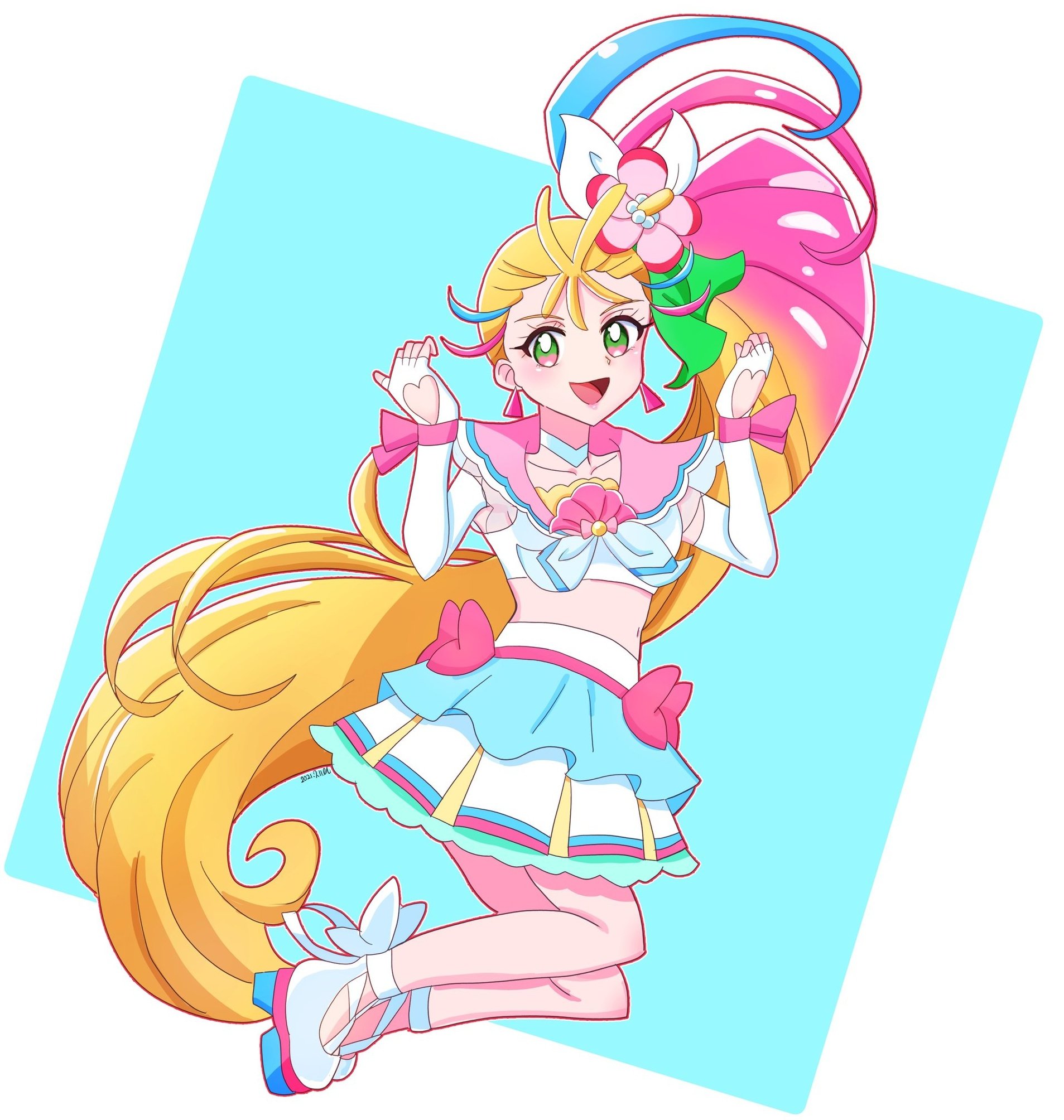 桃太郎 キュアサマーちゃん描きました 腰を捻るポーズ ジャンプポーズに挑戦しましたが 本当に難しかった 当方の絵は公式様を参考にして描いております イラスト練習中 絵描きさんと繋がりたい イラスト好きな人と繋がりたい T Co