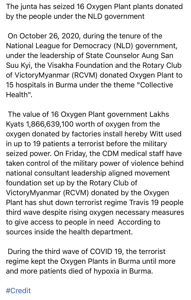 Khing_H_Aye's tweet photo. MyanmarMilitaryJunta order to private O2refill companies to stop providing oxygen to peoples.
This’s inhumanities &amp; genocide.Please help myanmar peoples &amp; spread the whole world how brutal the military junta’s acting asTerroristsNow
#SaveMyanmar
#WhatsHappeningInMyanmar
@KenRoth https://t.co/bpNZVJvZ06