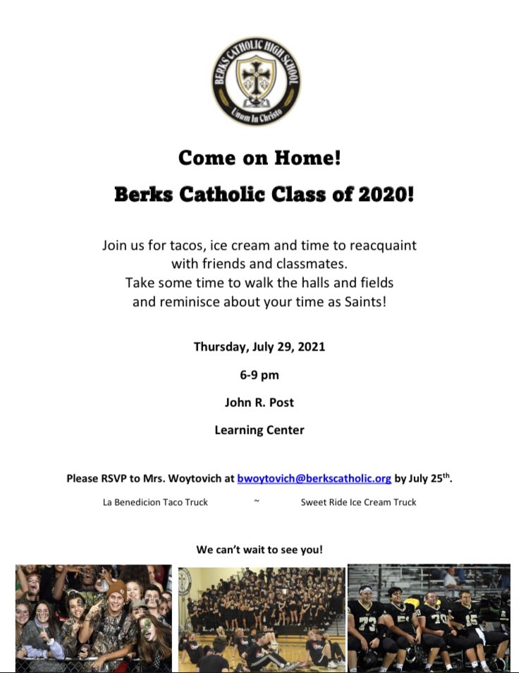 Attention: BC Class of 2020! On Thursday July 29, <a href="/BerksCatholic/">Berks Catholic</a> invites us home to reacquaint with our former classmates! A great idea and a great opportunity to see everyone again! Spread the word and see you there!