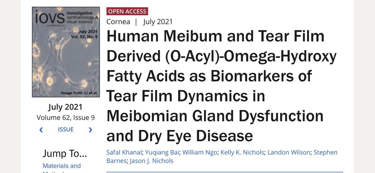 Our recently published paper in <a href="/ARVOiovs/">IOVS Journal</a> attempts to identify sensitive and specific biomarkers of tear film thinning in dry eye disease. The full text is available at iovs.arvojournals.org/article.aspx?a…