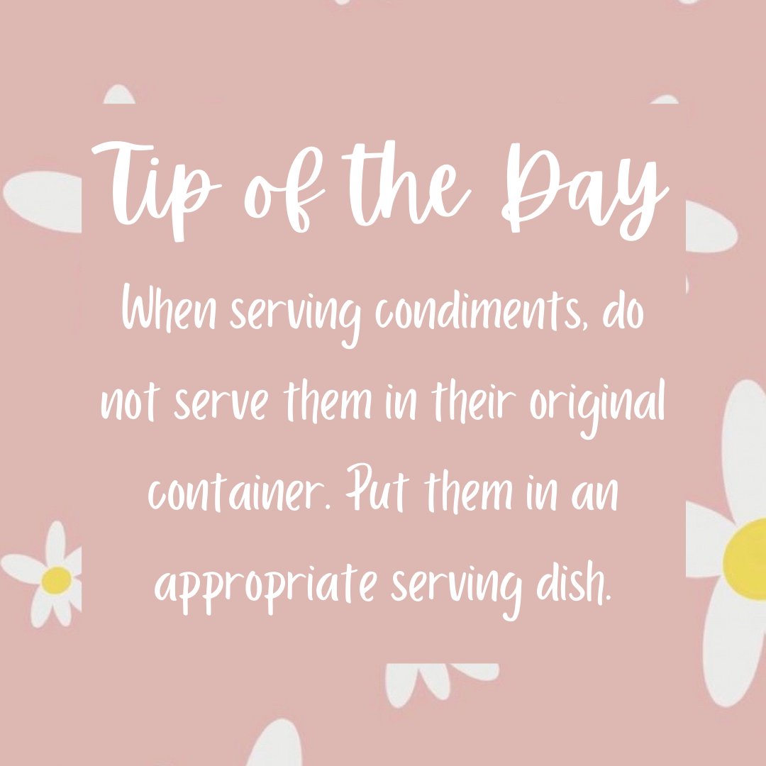 MrsMcVeigh's tweet photo. Elise McVeigh’s Life Camp Tip of the Day: When serving condiments do not serve them in their original container. Put them in  an appropriate serving dishes.
# Manners #Etiquette #EliseMcVeighsLifeCamp #MrsMcVeighsManners #EtiquetteTips #mannerstips https://t.co/DcfFlbI7qG