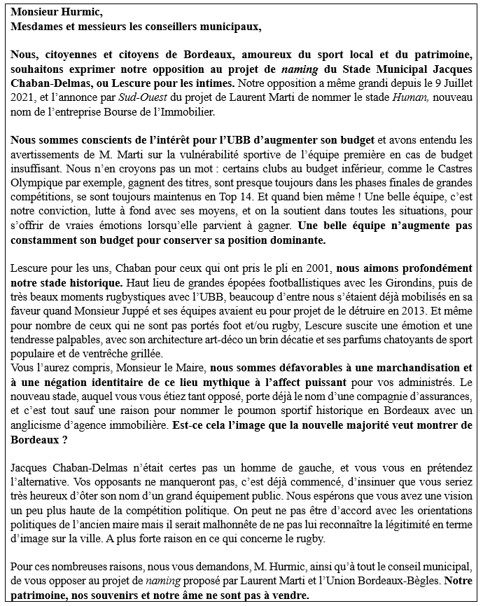 ChabanLescure's tweet photo. Disons à @PierreHurmic notre ferme opposition au "naming" du Parc Lescure / Stade Chaban-Delmas. Notre patrimoine, nos souvenirs et notre âme ne sont pas à vendre. 
Un max de RT pour se faire entendre svp. https://t.co/Kl7mLRbeYd