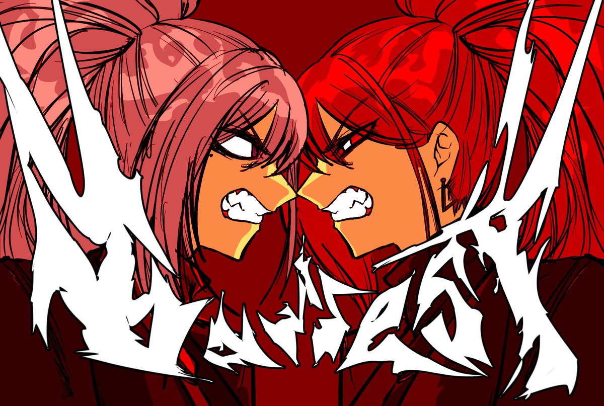 ponytail 2girls multiple girls mole under eye teeth red hair clenched teeth  illustration images