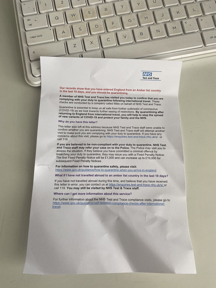 glennardo's tweet photo. What a waste of time #Quarantine is ,, just had this pushed through the letterbox,, heard him walk up the drive,, didn’t even bother knocking #whatajoke @NHSTestTrace ,, have test negative 4 times now @BorisJohnson https://t.co/wFTKHuIoGG