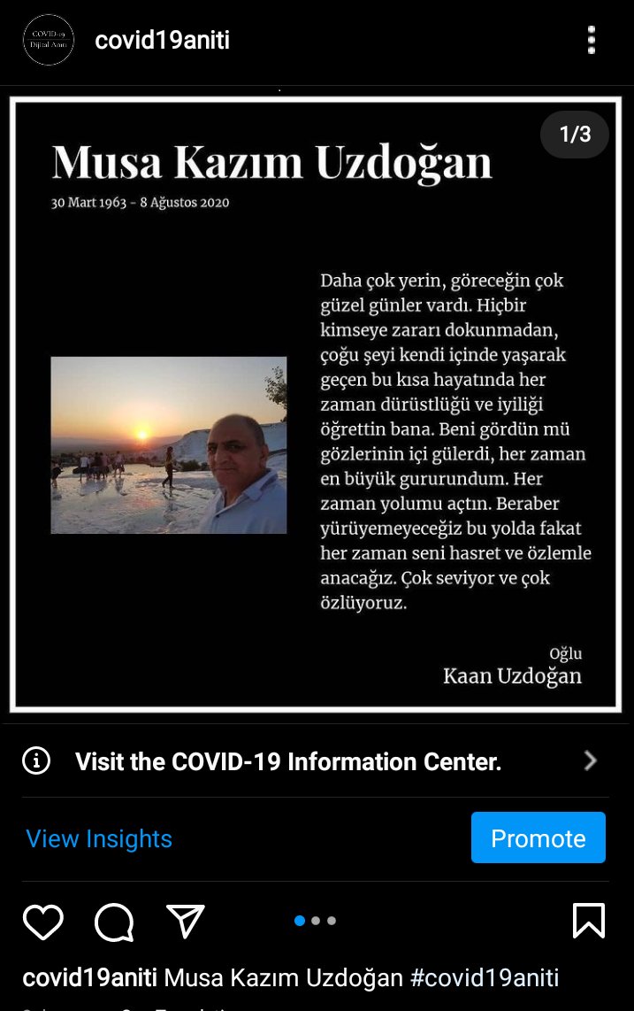 Her gün Covid-19'dan hayatını kaybedenlerin sayılarını duyuyoruz. Bu sayıların arkasında hayatlar ve hikayeler var. 

Bu hikayelerin paylaşılmasının ve beraber yas tutulmasının önemli olduğunu düşünüyorum. Bunun için bir dijital anıt oluşturdum.

instagram.com/covid19aniti