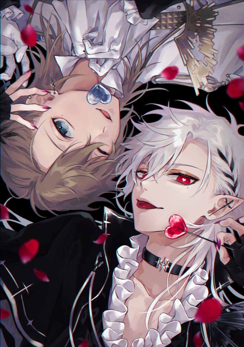 kuzuha (nijisanji) multiple boys 2boys red eyes food male focus tongue gloves  illustration images