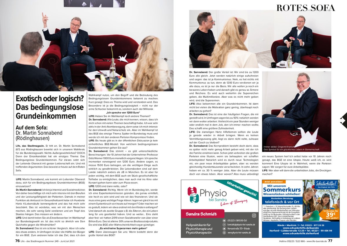 bgepartei's tweet photo. Exotisch oder logisch? Das Bedingungslose Grundeinkommen.

Auf dem Sofa: Dr. Martin Sonnabend (Rödinghausen)
Life – das Stadtmagazin Nummer 249 – Juni/Juli 2021

https://t.co/YDuV4qrGq0 https://t.co/QAb8kpuK44