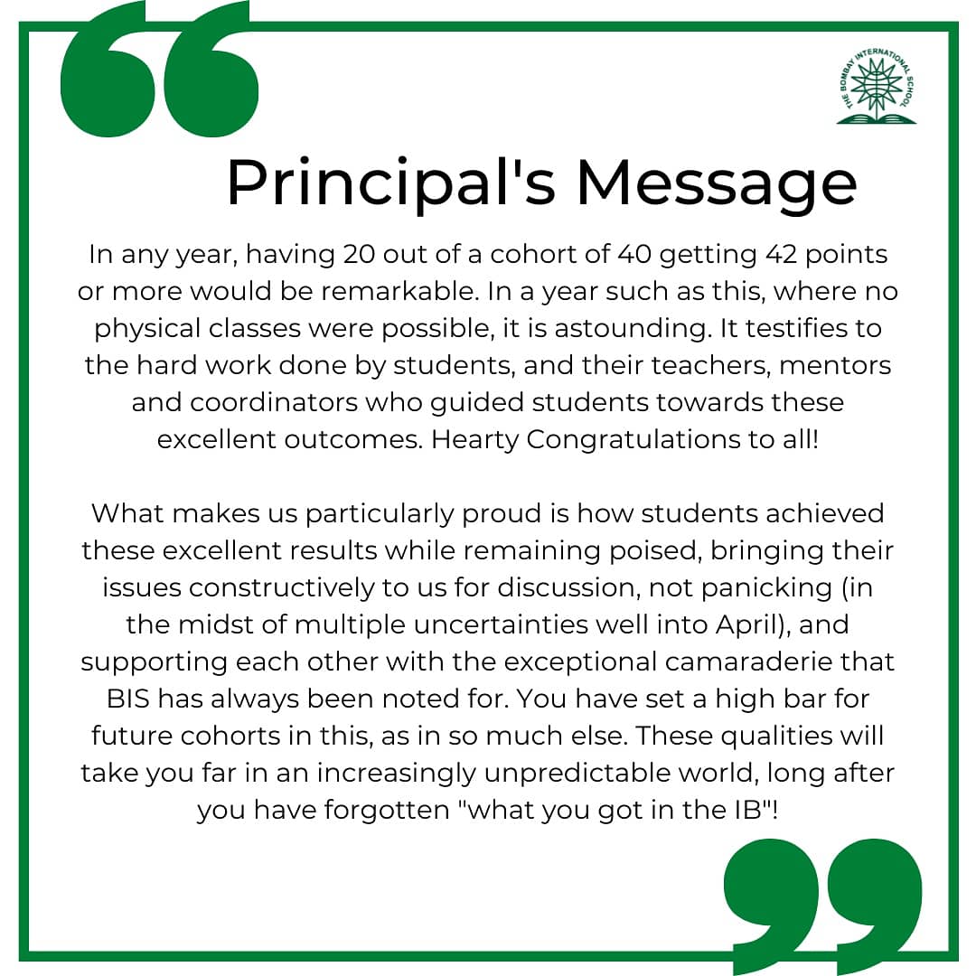 bombayintschool's tweet photo. Congratulations Class of 2021!!
You have set a high bar for future cohorts in this, as in so much else.
#ibdpclassof2021 #ibdpatBIS #rockstarsofbis #ibdpresults2021 #ibdpatBIS #proudmoment #cyrusvakil #principalsmessage #BombayIntSchool https://t.co/fN5CIeqr1j