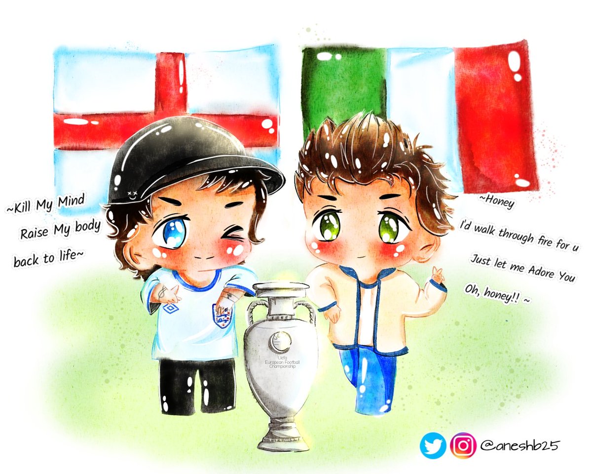 Play the best of football 🇮🇹 vs 🏴󠁧󠁢󠁥󠁮󠁧󠁿 All the best to both the team

Also I'm so excited to hum along @Louis_Tomlinson 's #KillMyMind & @Harry_Styles 's #adoreyou at the @wembleystadium 

#UEFAEuro2020Final @EURO2020 @EURO2020Hero  #UefaEuro2020