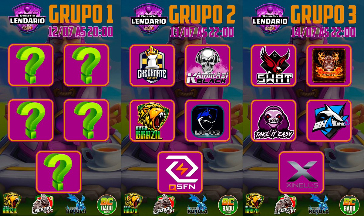 E vamos Pra Segunda Edição do Desafio Lendário 
Sorteio realizado ontem e grupos definidos!
<a href="/kamikazi_coc/">Kámïkázï Gaming</a> <a href="/Konoha_Clash/">Konoha e-Sports</a> <a href="/MEGABRCOC/">MEGA BR</a> <a href="/EsMegaempire/">MegaEmpire_eS</a> @MSGAMINGBR1 @QSFN_COC <a href="/rtiesports/">RTI e-Sports</a> @shaman_esports <a href="/Takeiteasy_coc/">Take iT eaSy</a> @teamzeusesports