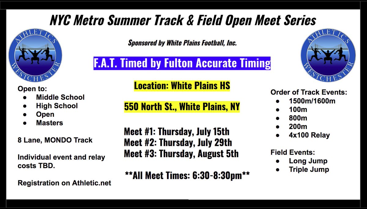 AthWestchester's tweet photo. Here are the registration links for the NYC Metro Summer Series at White Plains HS:

Meet 1 - https://t.co/z3U9GC56LS

Meet 2 -
https://t.co/jRKLJQq9Nj

Meet 3 -
https://t.co/yCauSE4CyC https://t.co/PSsQ4clQ7H