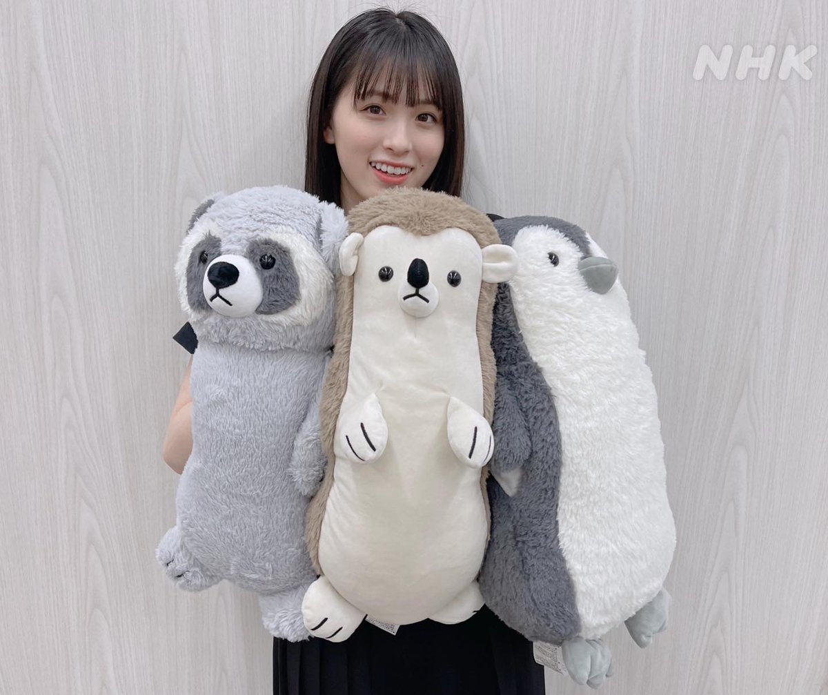 ぬいぐるみ3体を抱える桃ちゃん