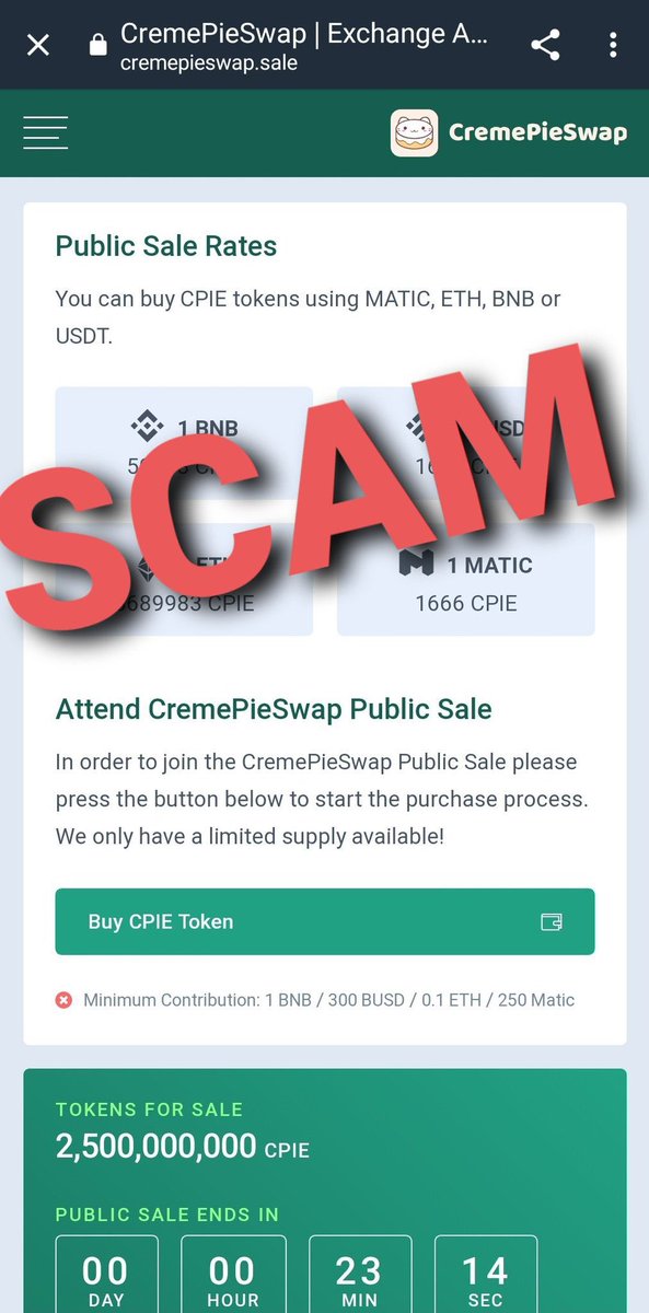 Dankest55's tweet photo. SCAM ALERT @CremePieSwap web 
Investors take care not to click on any bogus links @CremePieSwap 

This is the  only official website of @CremePieSwap 👇https://t.co/6dCB7bxkzI
#Polygon $Matic https://t.co/AqClCtQnLR