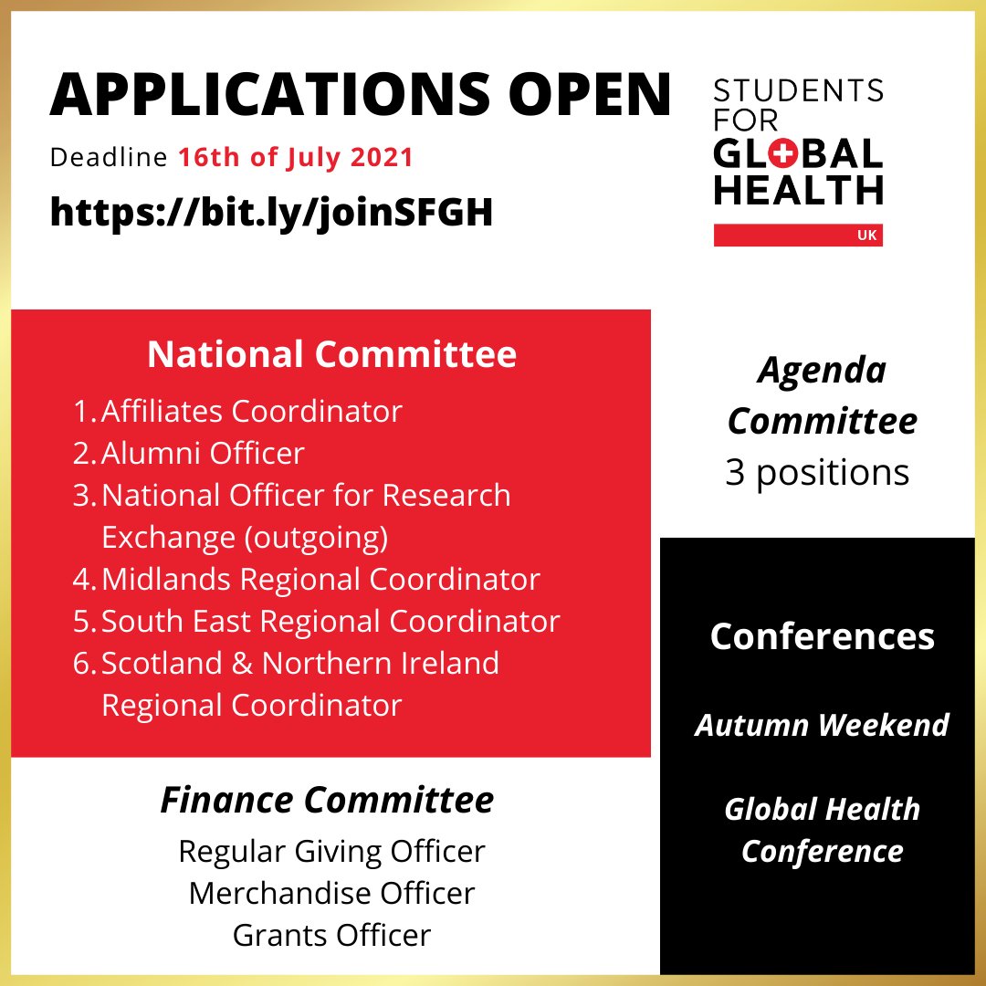 Be a part of our national student-led charity tackling global health issues through a local lens. 

Apply to join our national committee or host a conference at your university: bit.ly/joinSFGH

Deadline: 16th of July 2021