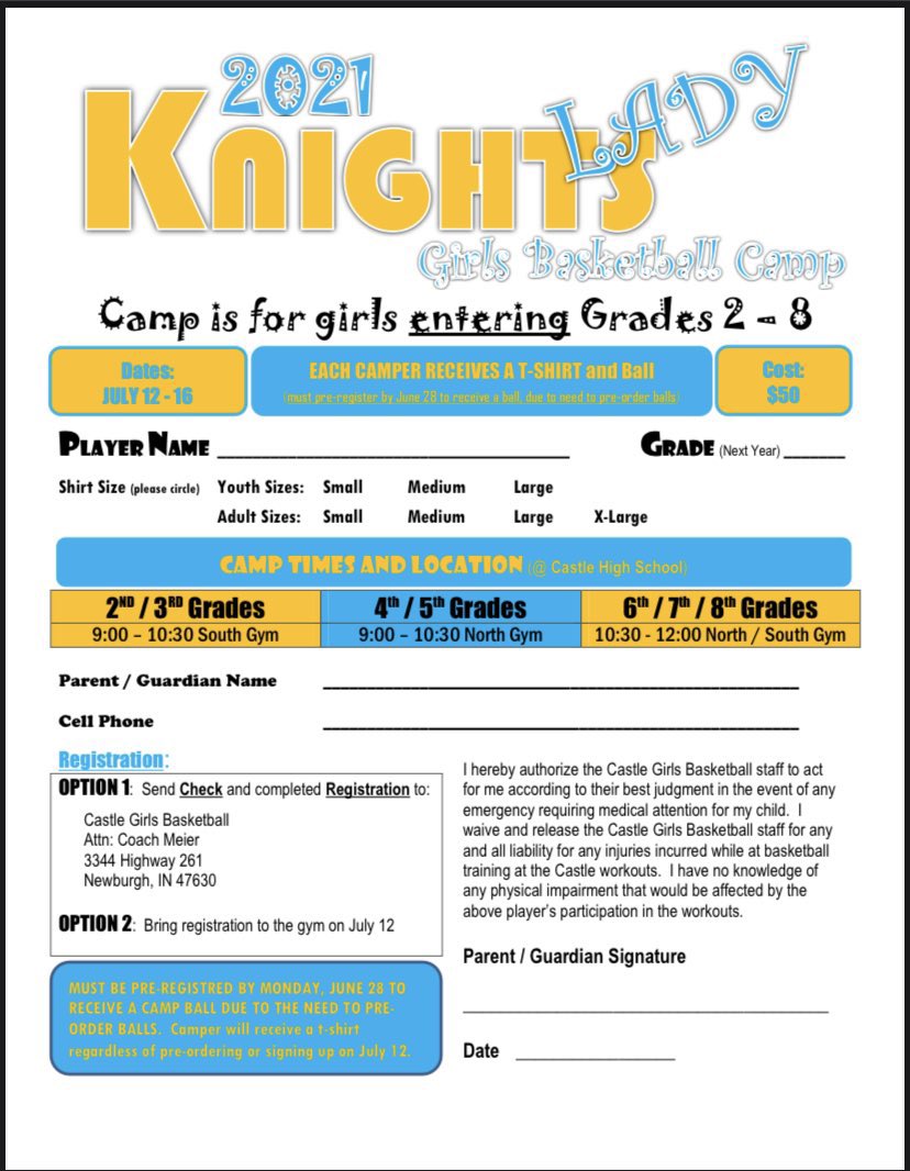 Camp starts tomorrow! Registration is available at the door. We can’t wait to see you 🤗 #SummerCamp #ladyknights