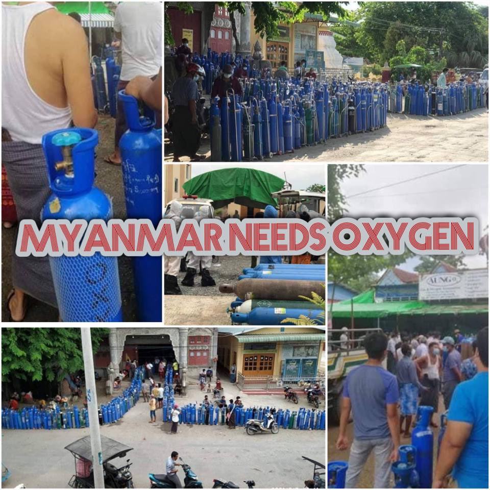 Crowd queuing for Oxygen supplies everywhere. Covid 3rd wave is hitting Myanmar hard amidst coup at the hand of Junta who never care for people. People are in need of oxygen &amp; health care. WE NEED HELP FOR COVID-19 #WhatsHappeningInMyanmar #MyanmarNeedsO2