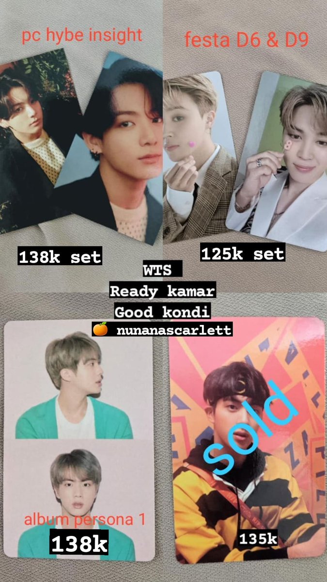 ayninov's tweet photo. Help RT ❗

~ WTS ~

💜 PC hybe insight Jungkook ( 138k set )
💜 PC festa D6 &amp; festa D9 Jimin ( 125k set )
💜 PC album persona 1 Seokjin ( 138k )

🍊 nunanascarlett

#WTS #WTB #BTS #BTSARMY #MPCBTS #PCBTS #BTSFESTA2021 #BTS_Butter https://t.co/ulsASwfggY