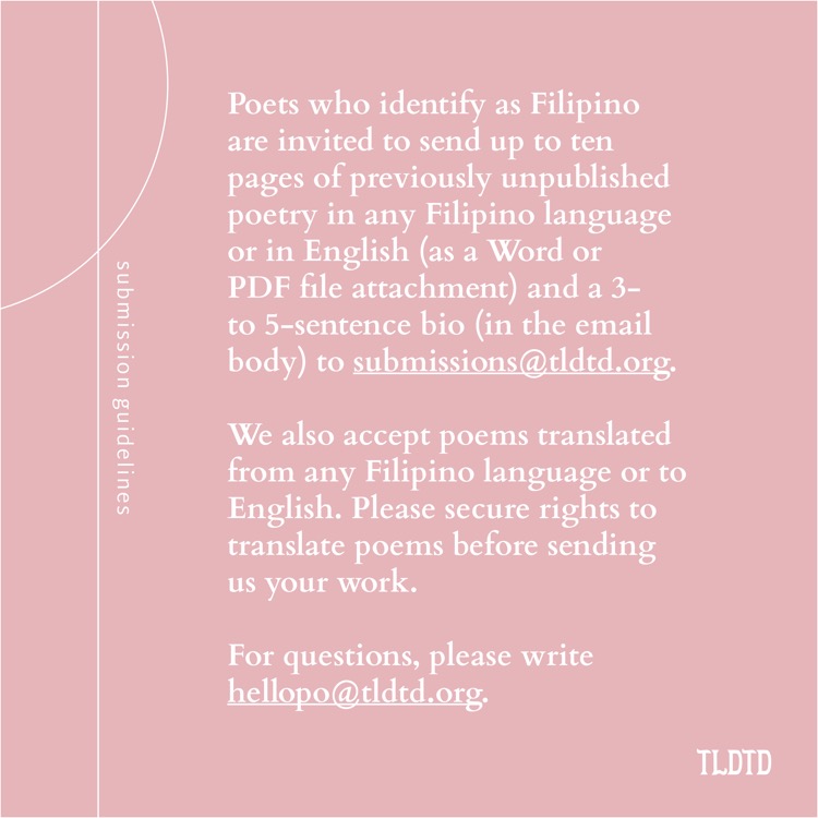 Filipino poets, you have only three days left to send us your work for our third issue! We're accepting poems in any Filipino language and in English, as well as translations. Thanks for helping us spread the word!