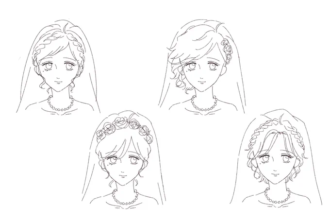 ゴスマリ前から描きかけてたイデ監結婚式絵はとりあえず完成させようと思ってるんだけど、監の髪型が決まらんのだよ。。。
最初左上で進めてたけどいつもの監と変わらんな～と思って何パターンか作ってみた。もののやっぱり最初のがしっくりくる気がするという。どうしよ～～～ 
