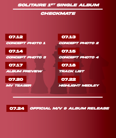 SOLITAIRE_uni's tweet photo. SOLITAIRE (솔리테어)
1ST SINGLE ALBUM SCHEDULE
"CHECKMATE"

📅 07/24 @ 6PM KST

#SOLITAIRE #솔리테어 #CHECKMATE #DEBUT #MONTHLYIDOL https://t.co/yw7s7ps5Xy