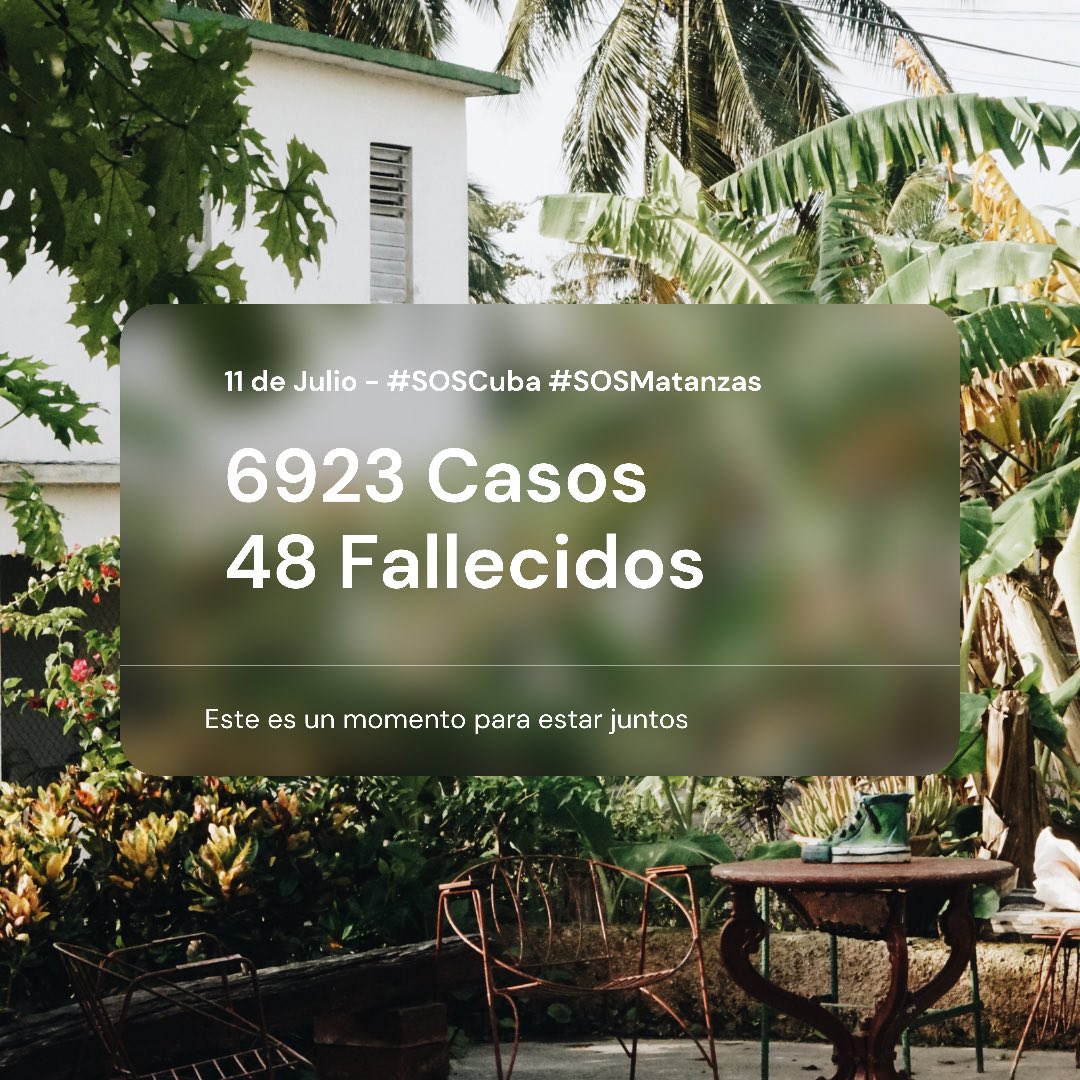 Otra triste jornada en nuestra hermosa Cuba.

Lamentamos el fallecimiento de 48 personas y el número de nuevos casos.

Debemos mantenernos juntos en estos momentos y dejar diferencias a un lado para superar esta crisis.

#SOSCuba #SOSMatanzas #matanzanoestasola