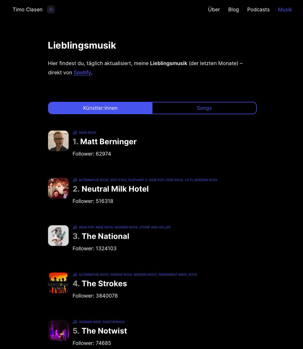 🎵 Update für die Website, jetzt mit Spotify Integration:

- Was ich gerade höre (bzw. als Letztes gehört habe)
- Lieblingskünstler:innen und Lieder aus den letzten Monaten

Schaut doch gerne vorbei: timoclasen.de/musik

#website #nextjs #spotify #music