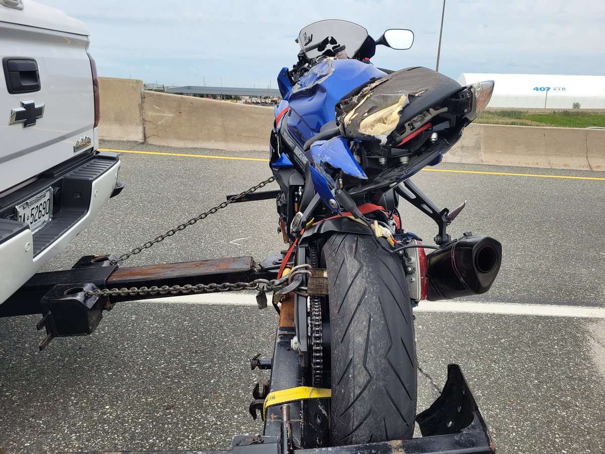 OPP_HSD's tweet photo. Motorcycle Fatality #Hwy27 NB ramp to #Hwy407WB. Male rider 41 years and Female passenger 42 years old ejected. Speed was a factor. Female deceased. Male critical condition. Witness please call OPP 407 Detachment 905-731-8180. HWY closed at 1am repoened 9am. Families notified
^td https://t.co/HXHD0b9XQO